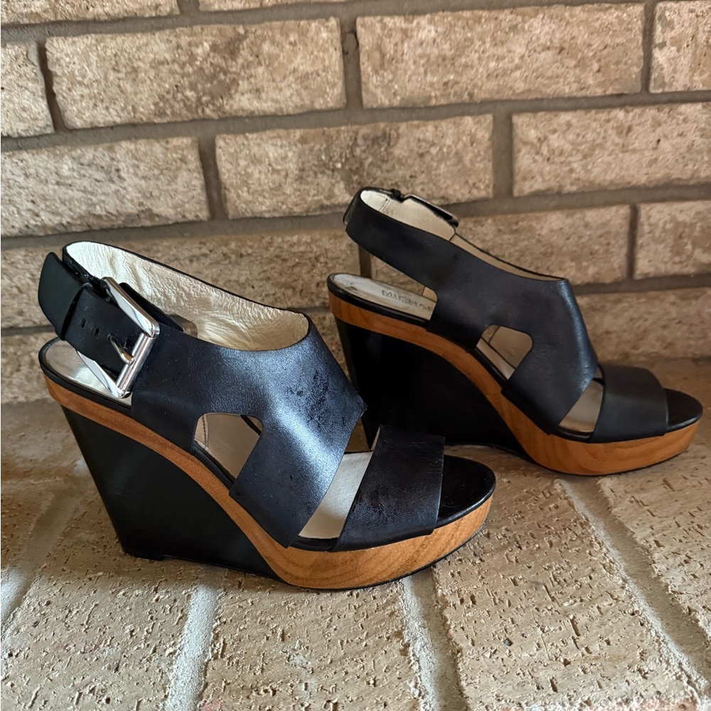MICHAEL Michael Kors Black Wedge Sandals with Crisscross Straps
